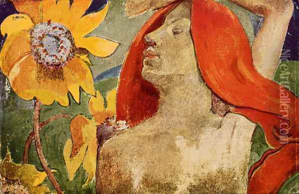 Redheaded Woman And Sunflowers Oil Painting - Paul Gauguin