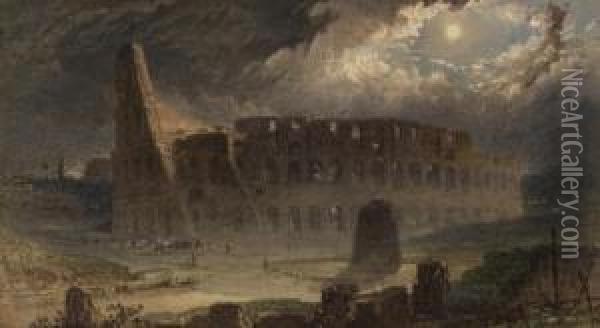 Roma, Fiaccolata Dinnanzi Il Colosseo In Una Notte Di Luna Oil Painting - Henry Parsons Riviere