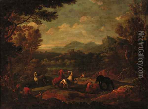 A wooded landscape with horses before a river Oil Painting - Joachim-Franz Beich