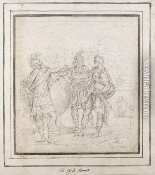 Scene From Roman History With Three Roman Soldiers Around Aglobe Oil Painting - Carlo Maratta or Maratti
