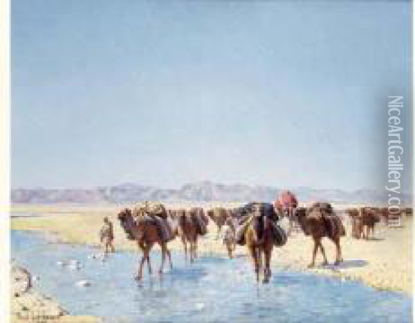 Caravane Traversant Un Oued Oil Painting - Jean Baptiste Paul Lazerges