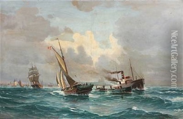 Seascape With Ships Outside Copenhagen Habour Oil Painting - Vilhelm Victor Bille