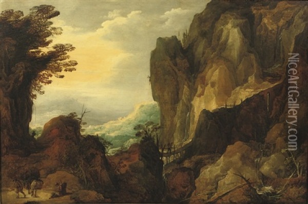 A Rocky Landscape With Travellers On A Path And Crossing A Bridge By A Waterfall Oil Painting - Joos de Momper the Elder
