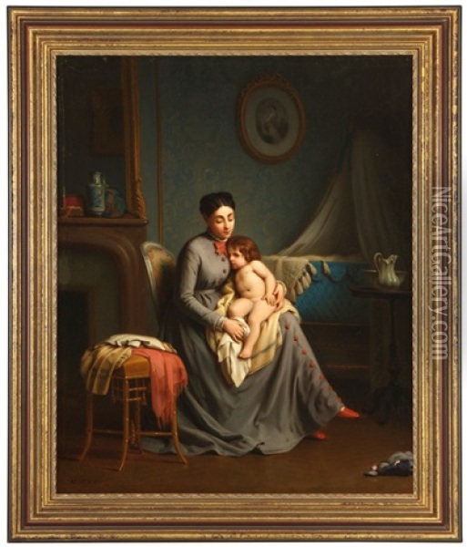Mother And Child After A Bath Oil Painting - Alexandre Legrand
