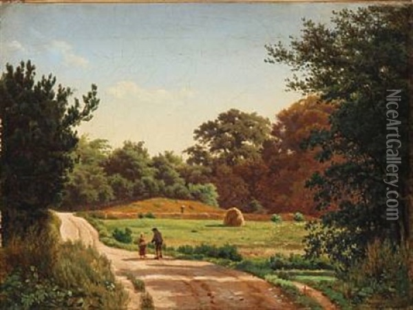 A Man And A Girl On A Road, Summer Time Oil Painting - Anders Christian Lunde