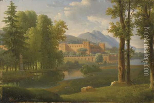 Un Paysage Fluvial Avec Un Chateau Fortifie Oil Painting - Jean-Pierre Pequignot