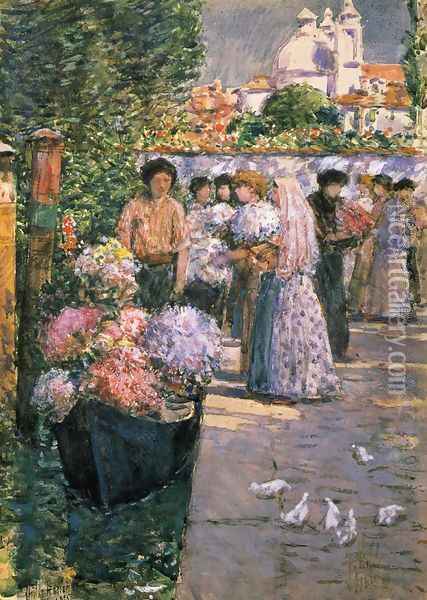Flower Market Oil Painting - Frederick Childe Hassam
