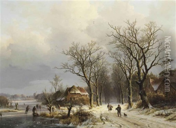 A Wooded Winter Landscape With Travelers On A Snow Covered Path And Skaters On The Ice Oil Painting - Johann Bernard Klombeck