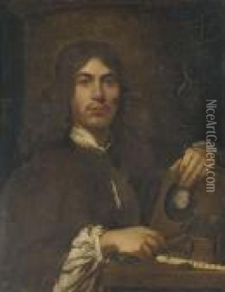 Portrait Of An Artist, Standing 
Bust-length, Holding A Hammer And Chisel Before An Intaglio Oval 
Portrait Bust Of A Classical Figure, With A Pot Of Chisels And A Flute 
On A Table Oil Painting - Sebastian Bourdon