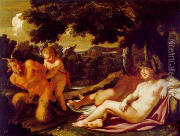 Amor Bindet Einen Satyr, Der Zwei Schlafende Nymphen Belauscht Oil Painting - Francesco Albani