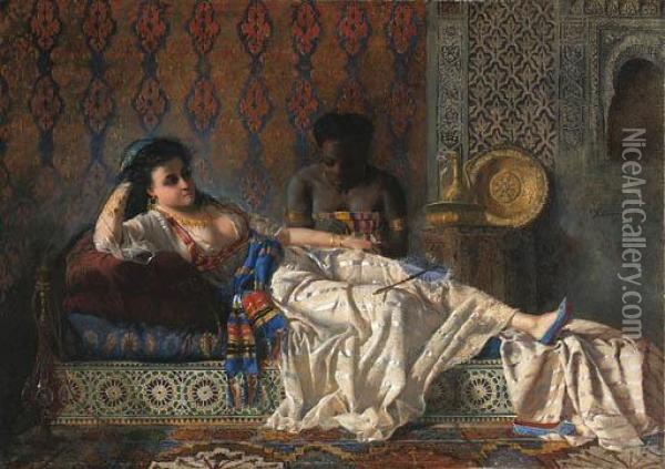 The Odalisque And Her Attendant In The Harem Oil Painting - Ramon Amado Y Bernardet