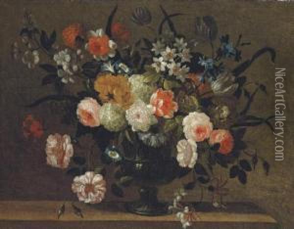 Roses, Carnations, Morning 
Glory, Bluebells, Honeysuckle And Other Flowers In A Classical Urn On A 
Stone Ledge Oil Painting - Simon Hardime