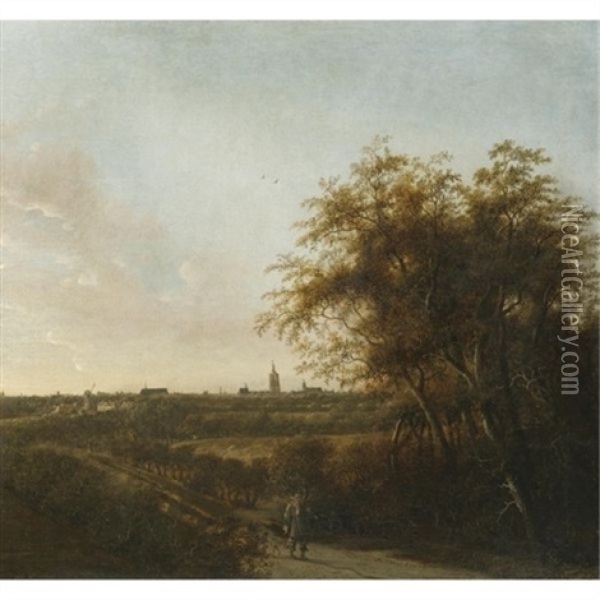 An Extensive Landscape With A Man And His Dog On A Sandy Road, The Hague In The Distance Oil Painting - Anthony Jansz van der Croos