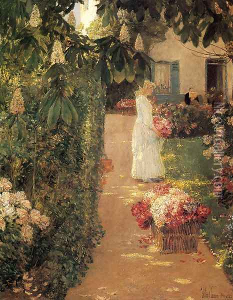Gathering Flowers in a French Garden Oil Painting - Frederick Childe Hassam