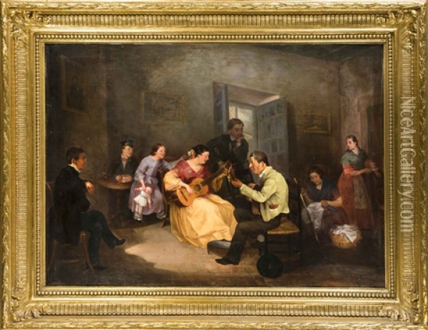 Interieur Mit Zwei Gitarrespielern Und Lauschenden Kindern Oil Painting - Christian Ludwig Bokelmann