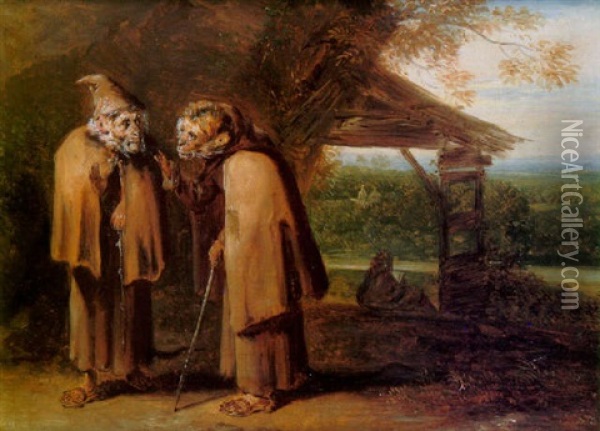 Two Monkeys Dressed As Pilgrims Conversing In A Landscape Oil Painting - Christophe Huet
