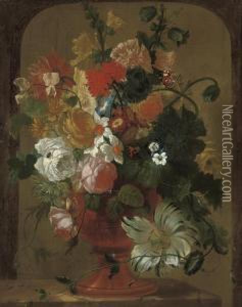 Roses, Hollyhocks, Narcissi, Carnations, Camelias, Pansies, A Tulipand Other Flowers In An Urn, On A Stone Ledge, With Red Admiralbutterflies Oil Painting - Willem van Leen