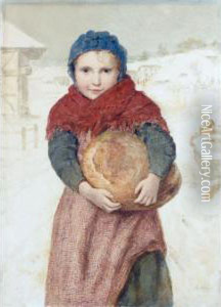 Girl With Loaf Of Bread Oil Painting - Albert Anker