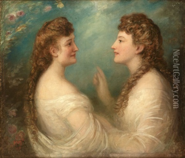 Portrait Der Schwestern Elisabeth Und Sofie Kraetzer, Geb. 1849 Und 1850 In Mainz Oil Painting - Eduard von Heuss
