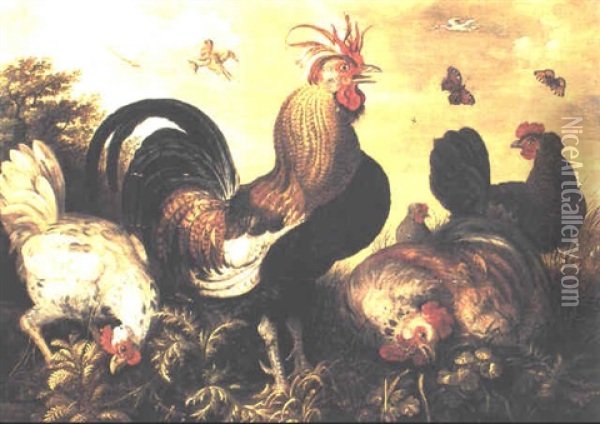Hens And A Cockerel Foraging Through The Undergrowth Oil Painting - Roelandt Savery
