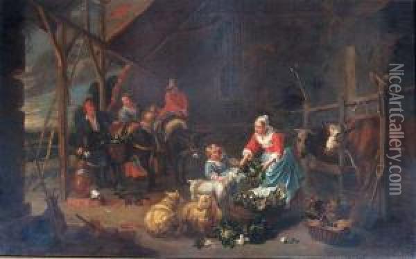 A Barn Interior With Peasants Oil Painting - Jan Jozef, the Younger Horemans