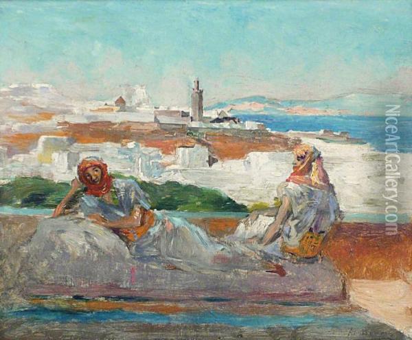 Couple Sur Une Terrasse A Tanger Oil Painting - Alexandre Lunois