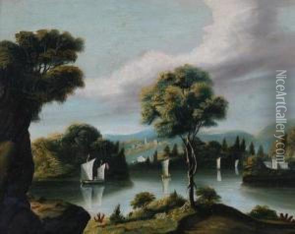 Lake Scene Of Four Sailboats Oil Painting - Thomas Chambers