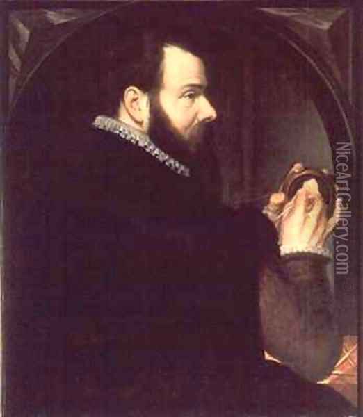 Self portrait holding a wax portrait medallion Oil Painting - Willem van den Broecke