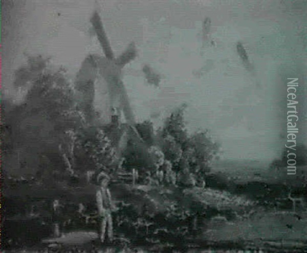 Fishing By The Windmill Oil Painting - Albertus Van Beest