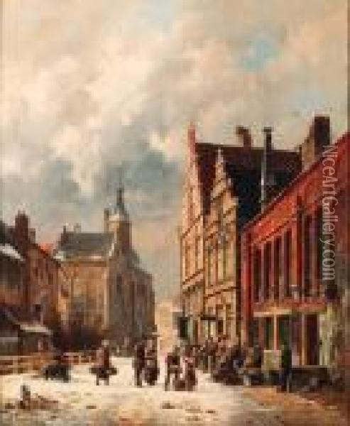 A View In A Town In Winter Oil Painting - Adrianus Eversen