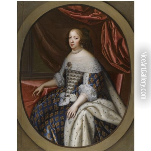 Portrait Of Anne Of Austria, Queen Of France, Seated, Dressed In An Ermine Gown Oil Painting - Charles Beaubrun