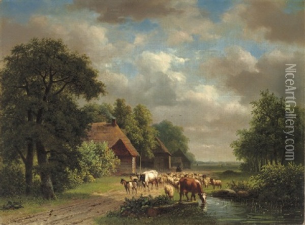 Cattle On A Path Oil Painting - Nicolaas Johannes Roosenboom