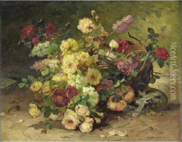 Panier De Roses Et De Lilas Oil Painting - Eugene Henri Cauchois