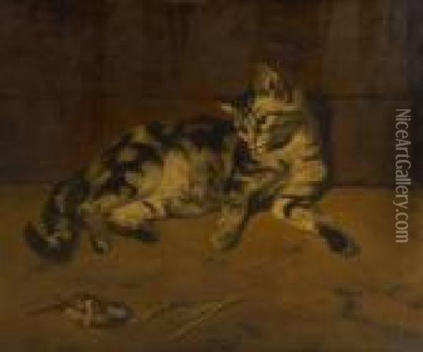 Chat Contemplant L'oiseau Ala Brindille Oil Painting - Charles Verlat
