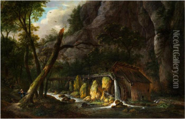 Waldlandschaft Mit Muhle Und Jager Oil Painting - Maximillian Neustuck