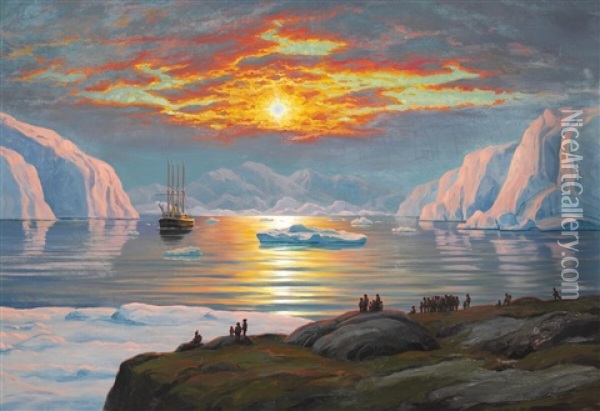 View Of A Greenlandic Fiord Lit Up By The Midsummer Sun Oil Painting - Emanuel A. Petersen