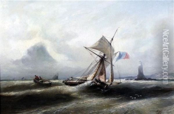 Fishing Boat In A Squall, A Lighthouse Beyond Oil Painting - Nicholas Edward Gabe