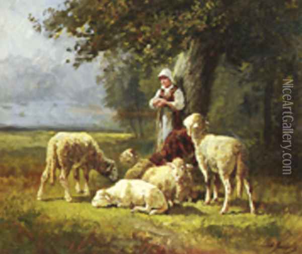 A Shepherdess With Her Flock In A Woodland Clearing Oil Painting - Charles Emile Jacque
