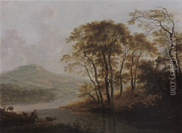 A Wooded River Landscape With A Shepherd And His Flock Resting Oil Painting - Cornelis Matteus