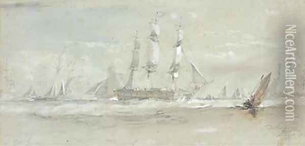 A frigate, Admiralty cutters and other shipping at Spithead Oil Painting - Sir Oswald Walters Brierly