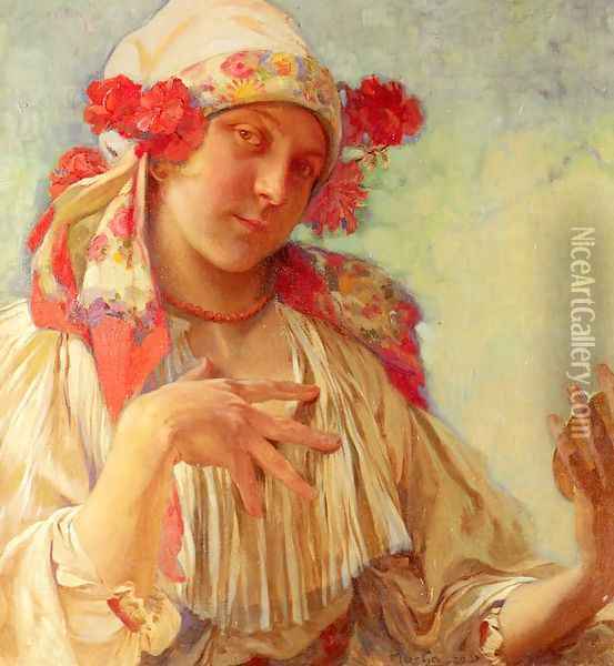 Young Girl In A Moravian Costume Oil Painting - Alphonse Maria Mucha