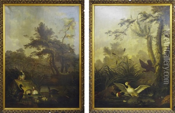 Two Works: 1) Waterbirds In A Wooded Landscape Oil Painting - Jan Augustini