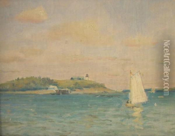 Seascape With Small Vessel Off A Lighthouse. Oil Painting - William Powell Derrick
