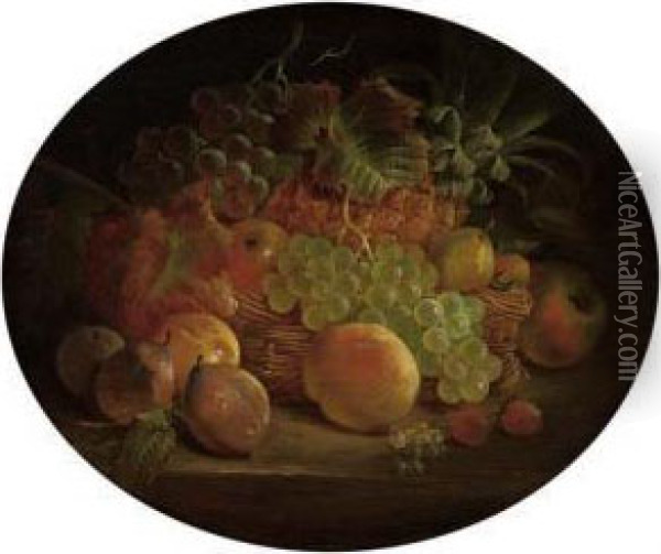 Apples, Pears, Strawberries, Grapes And A Pineapple On A Table With A Wicker Basket Oil Painting - William E.D. Stuart