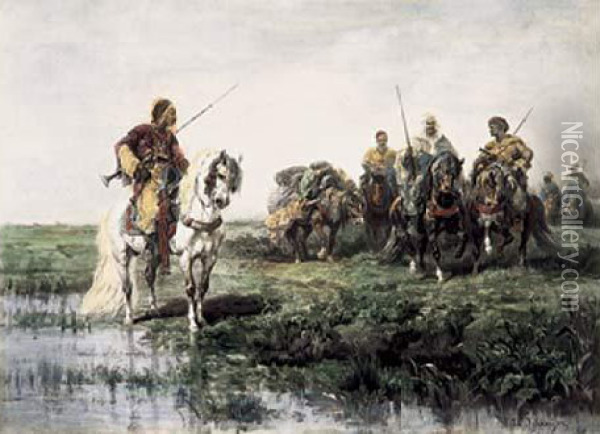 Cheik Arabe En Voyage, 1879. Oil Painting - Adolf Schreyer