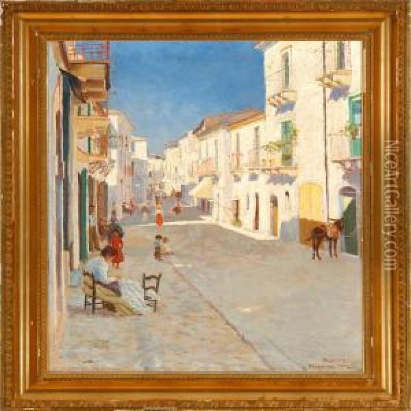 Street Scene Intaormina On A Hot Afternoon Oil Painting - Severin Segelcke