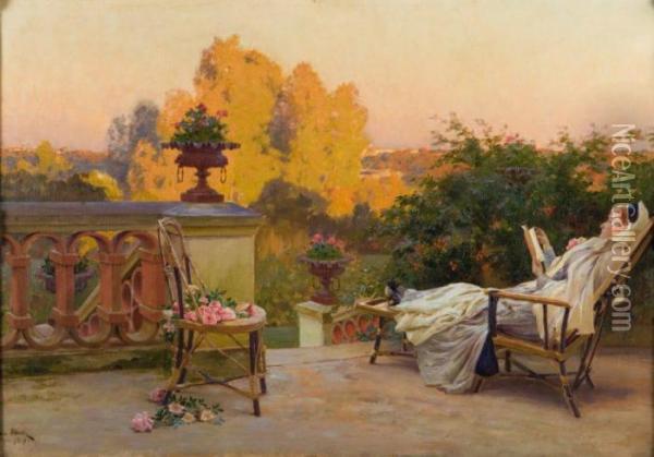 La Lecture Sur La Terrasse Oil Painting - Henri Saintin