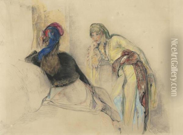 Two Women In An Interior, Bursa Oil Painting - John Frederick Lewis