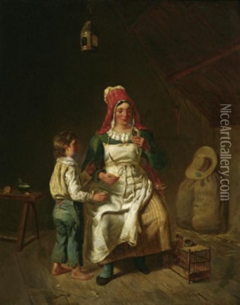 Mutter Und Sohn In Der Stube, Ein Vogelkuken Futternd Oil Painting - Anne Genevieve Greuze