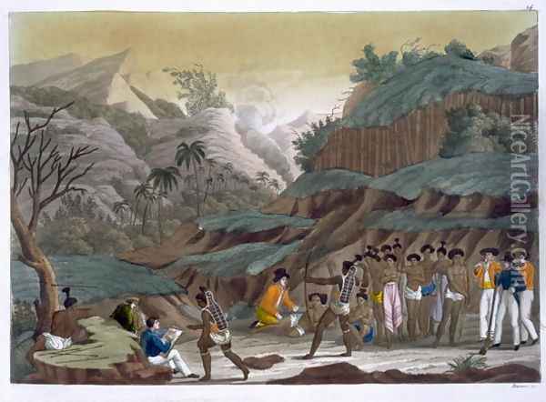 First Meeting of French Explorers with the Indigenous Peoples, Island of Ombay, plate 14 from Le Costume Ancien et Moderne by Jules Ferrario, published c.1820s-30s Oil Painting - Vittorio Raineri